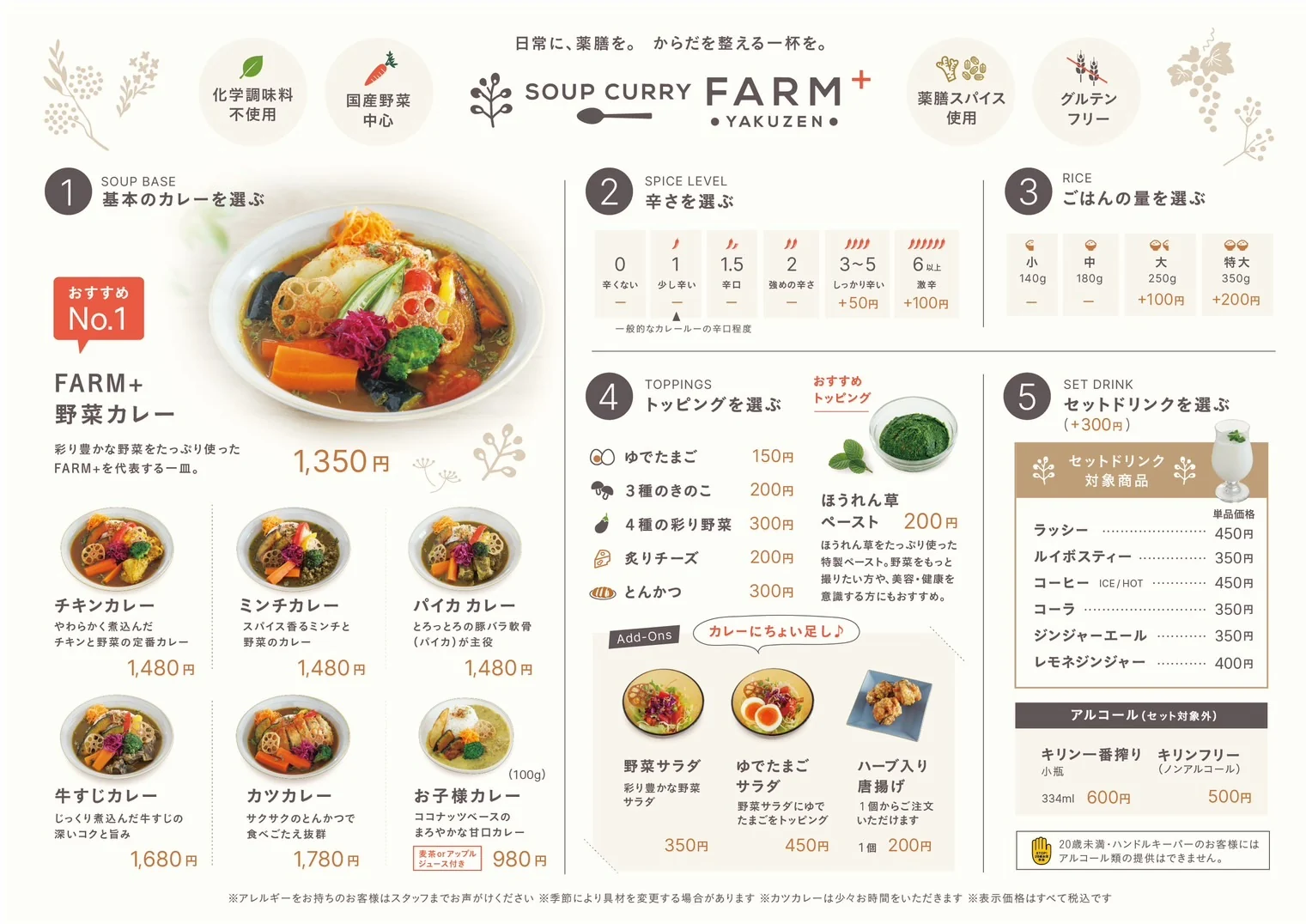 メニュー表（表面）：基本のカレー、辛さ、ごはんの量、トッピング、セットドリンクの一覧